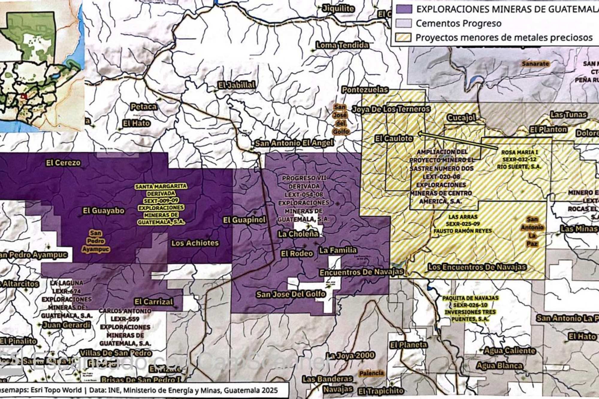  Mapa elaborado por el Observatorio de Industrias Extractivas que representa las solicitudes de licencias de exploración minera en la región norte de Guatemala, clasificadas por empresa operadora. 