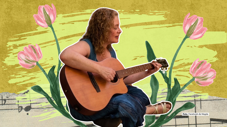Persona sentada tocando una guitarra en una ilustración de flores con fondo colorido.