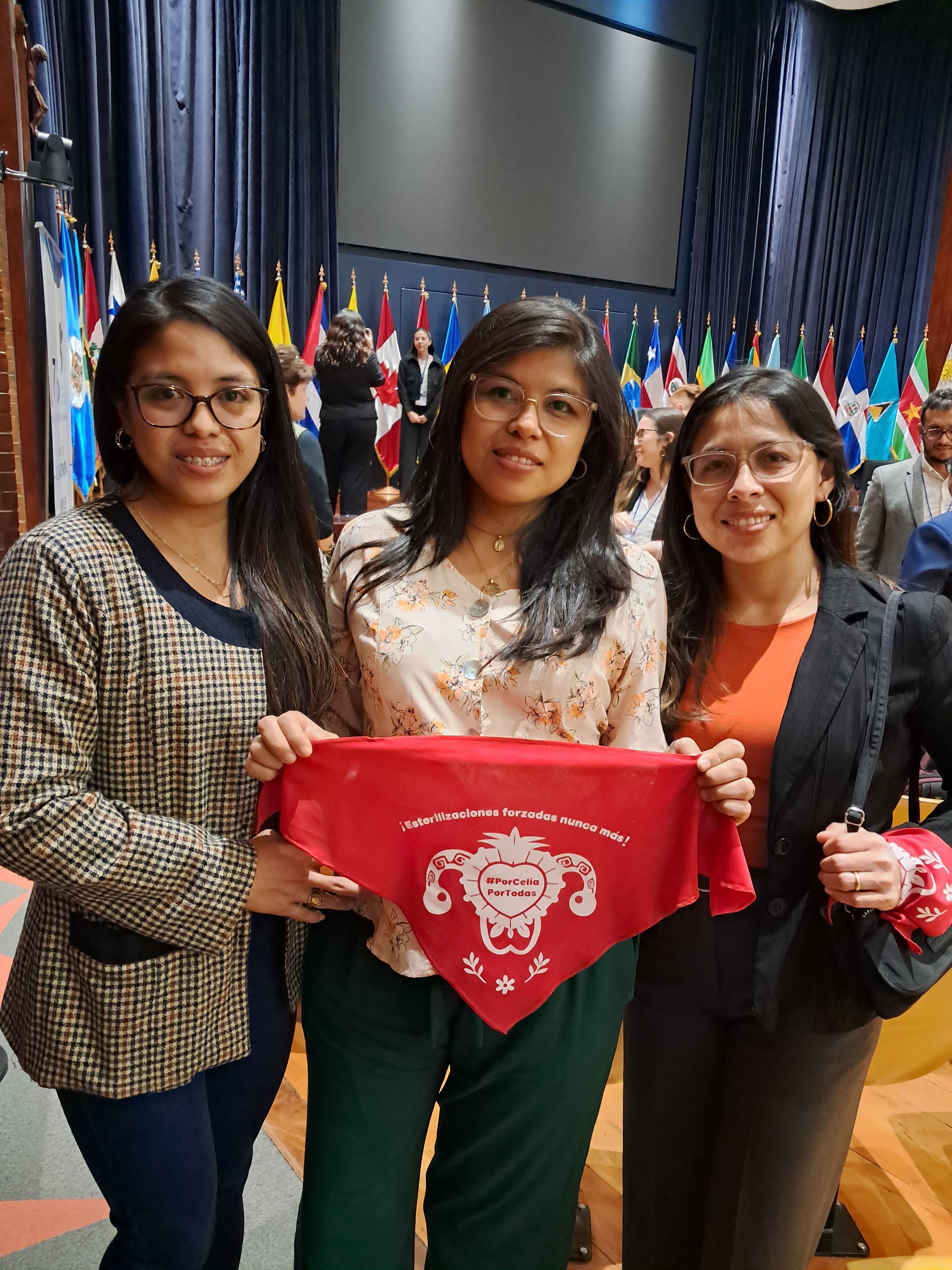 Marcia, Emilia y Marisela, hijas de Celia Ramos portan un pañuelo con la leyenda “¡Esterilizaciones forzadas nunca más!”. Foto: Violeta Cetino 