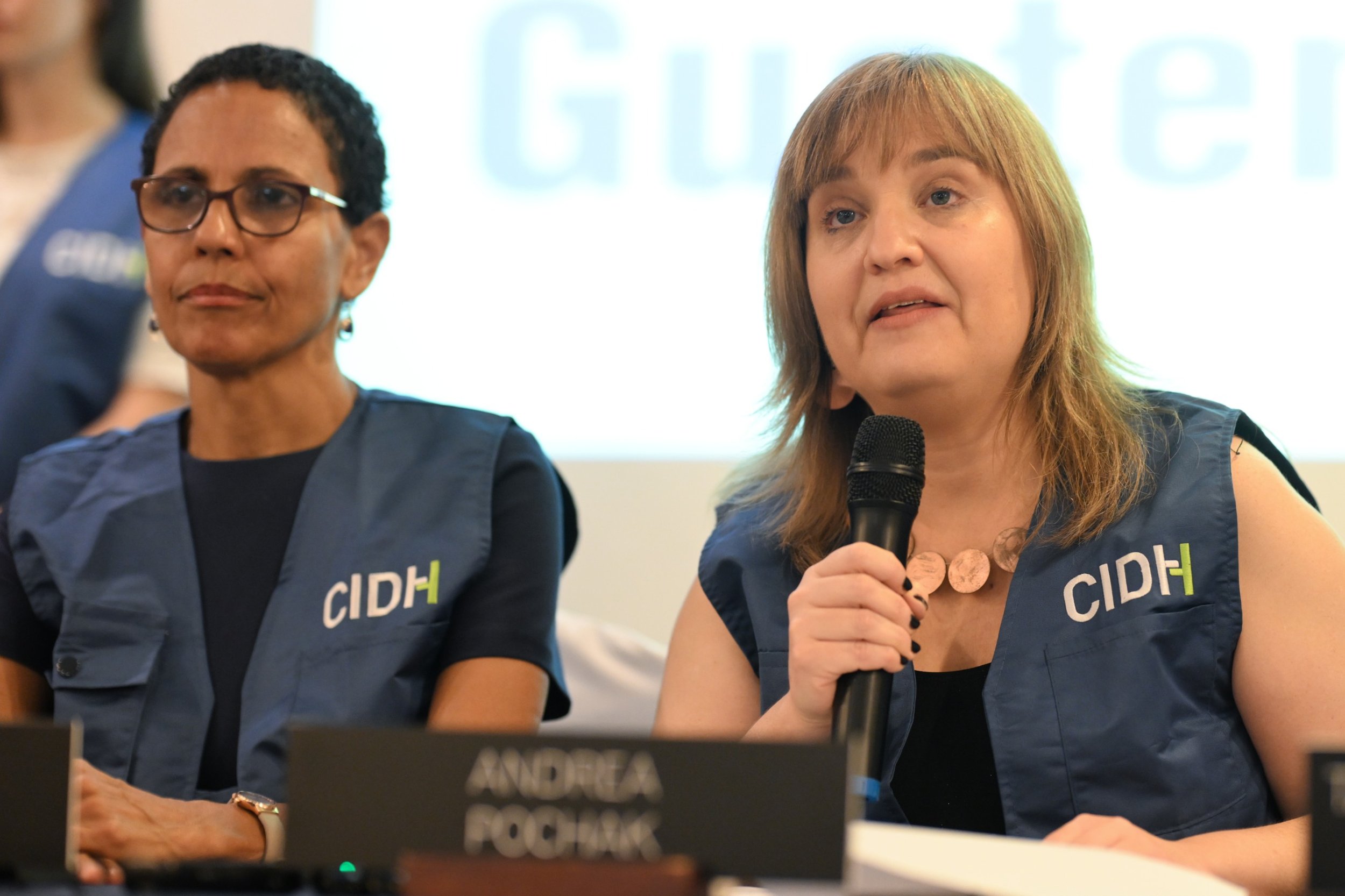  Andrea Pochak, relatora de la CIDH para Guatemala da detalles de la visita en un punto de prensa. Foto Prensa Comunitaria 