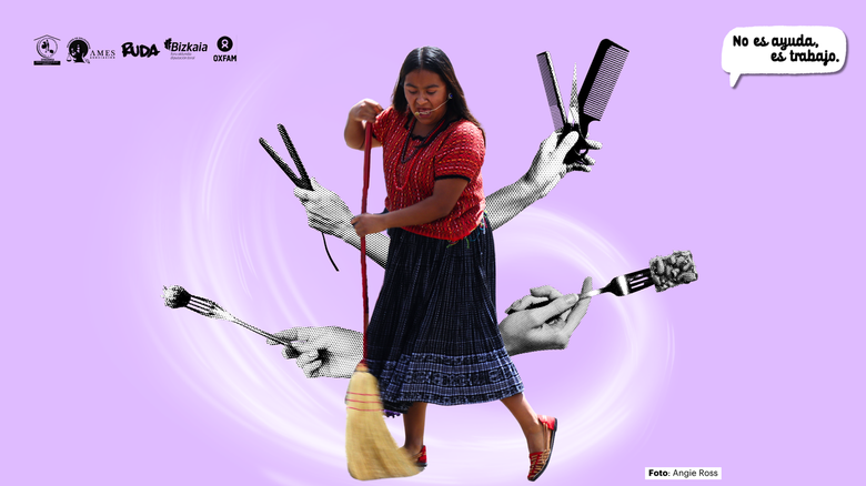 Mujer barre el piso y en el fondo hay elementos que representan sus antiguos sueños.