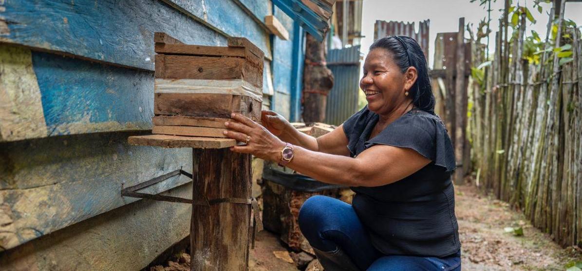 Mélida Álvarez, lideresa indígena bora, comenzó a interesarse por las abejas al ver la dificultad que enfrentaban muchas familias para conseguir miel como alimento y medicina.