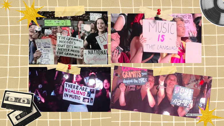 Fans muestran carteles mientras disfrutan de un concierto.