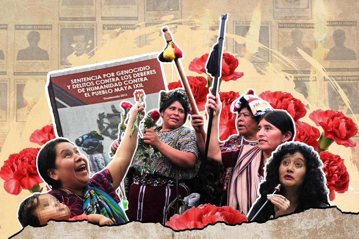 Collage conmemorativo que muestra a mujeres mayas ixiles sosteniendo claveles rojos junto al documento de la 'Sentencia por genocidio contra el pueblo Maya Ixil de 2013'. De fondo, se observan carteles de personas desaparecidas.